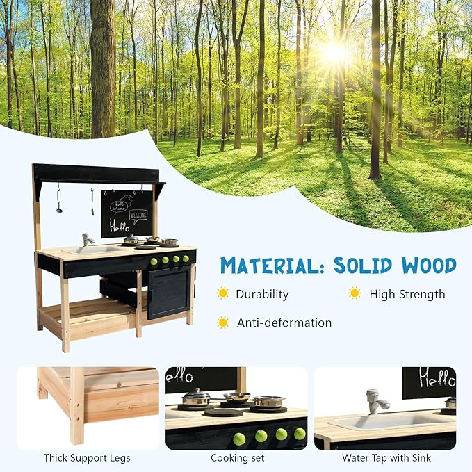 Mud Kitchen Playset for, Outdoor Wooden Toy Play Kitchen Set for Boys and Girls, Kitchen Accessories and Garden Sink with Faucet, Blackboard, Cookware Pot (Black)