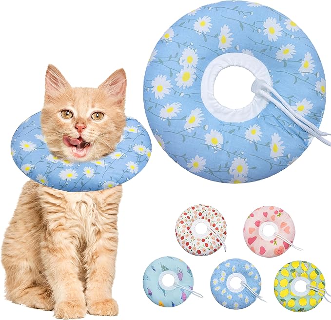 Cat Cone Collar Soft, Adjustable Cat Recovery Collar Kitten Cones to Stop Licking, Cute Donut E Collar After Surgery, Anti-Lick Wound Healing Elizabethan Collar for Kitten (Blue Daisy, Small)