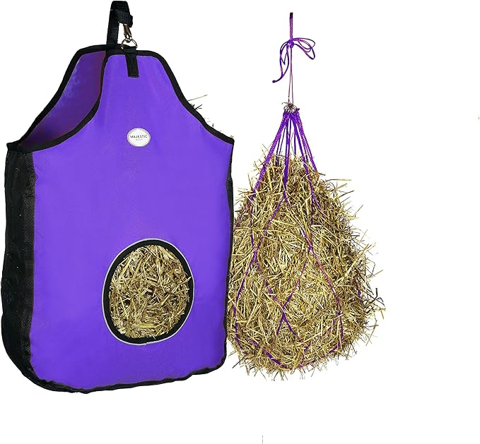 Majestic Ally 1200 D Hay Feeder Tote Bag for Horses, Sheep with Reflective Trim- Reduces Waste - Comes with 36” Hay Net (Purple)