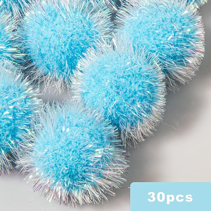 VAPKER 30 Pcs Cat Ball Toys Sparkle Balls Extra Large 2 Inch Cat's Favorite Chase Glitter Ball Glitter Tinsel Pom Poms Balls Light Blue Color