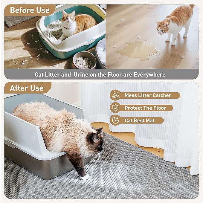 Large Cat Litter Mat for Litter Box, 47"×27.5" Double Layer Trapping Mat, Non-Slip Water Proof Kitty Litter Pad, Grey