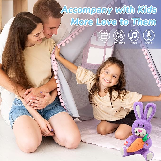 Hopearl Talking Singing Bunny Repeats What You Say Rabbit Musical Shaking Head Electric Interactive Animated Toy Speaking Plush Buddy Gifts for Toddlers, Purple, 15''