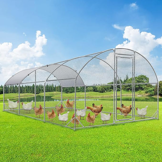 4ever2buy Large Metal Chicken Coop with Run Walk-in Poultry Cage Chicken Runs House Pen Cage Dome Roofed Chicken Coops with Anti-Ultraviolet Cover for Outdoor Backyard Farm Use 9.5'W x 19.3'L x 6.3'H