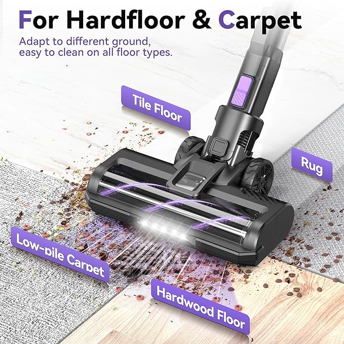 DEVOAC S10 Cordless Vacuum Cleaner, 45Kpa 50mins Lightweight Stick Vacuum with Powerful Suction for Home, Rechargeable, Self-Standing, Handheld Vacuum Cleaners for Hardwood Floors, Carpets Violet
