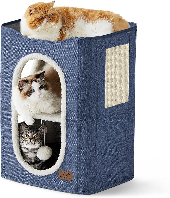Bedsure 2 Story Cat House - Cat Condos for Indoor Cats with Scratch Pad and Fluffy Ball Hanging, Small Pet Cave Furniture Hideaway for Multi Pets, 18x14x23 inches, Blue
