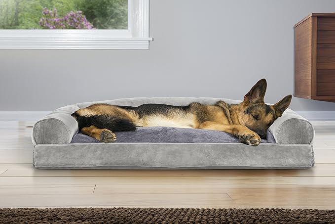 Furhaven Pillow Dog Bed for Large Dogs w/ Removable Bolsters & Washable Cover - Faux Fur & Velvet Sofa - Smoke Gray, Jumbo/XL