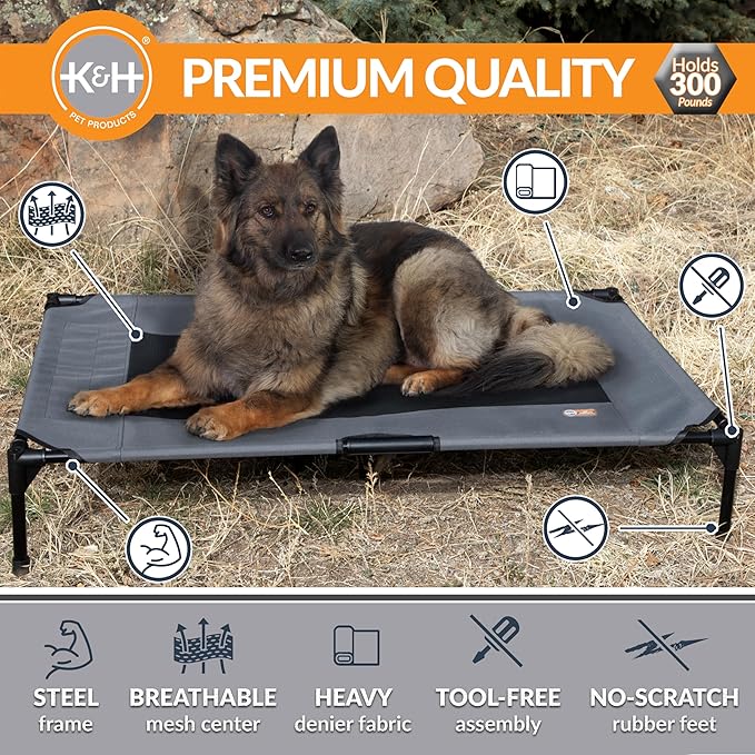 K&H Pet Products Outdoor Elevated Dog Cot, Breathable Cooling Elevated Cot Hammock Pet Bed for XL Dogs, Washable Mesh Cover, Raised Metal Frame, Collapsible, Portable - Extra-Large 50 X 32 Charcoal
