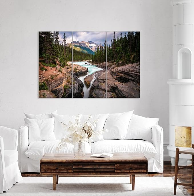 Nature Wall Art Prints - Ocean Forest Mountain Lake Canvas Landscapes - Small to Extra Large Living Room Bedroom Kitchen Bathroom Décor (Mountain River Waterfall, 55L" x 83W"- 3 Panels)