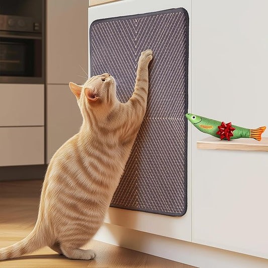 SCRATCHABLE Sisal Cat Scratcher, [+ Catnip Fish Toy] Cat Wall Scratcher, Couch Protector from Cat Scratching, Sisal Cat Scratcher - 24 X 15.8 with 12 Adhesive Velcro Stripes. (Navy Maze)