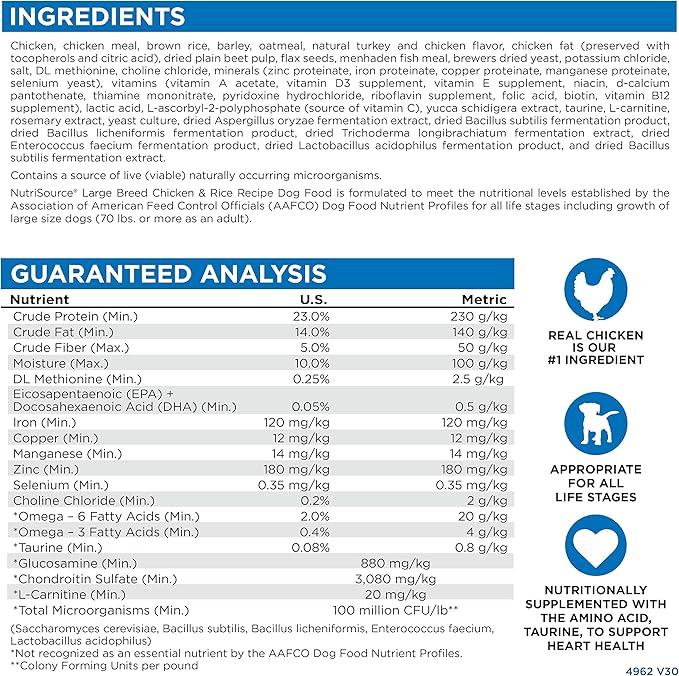 NutriSource Adult Dog Food, Made with Chicken and Rice, Large Breed, with Wholesome Grains, 30LB, Dry Dog Food