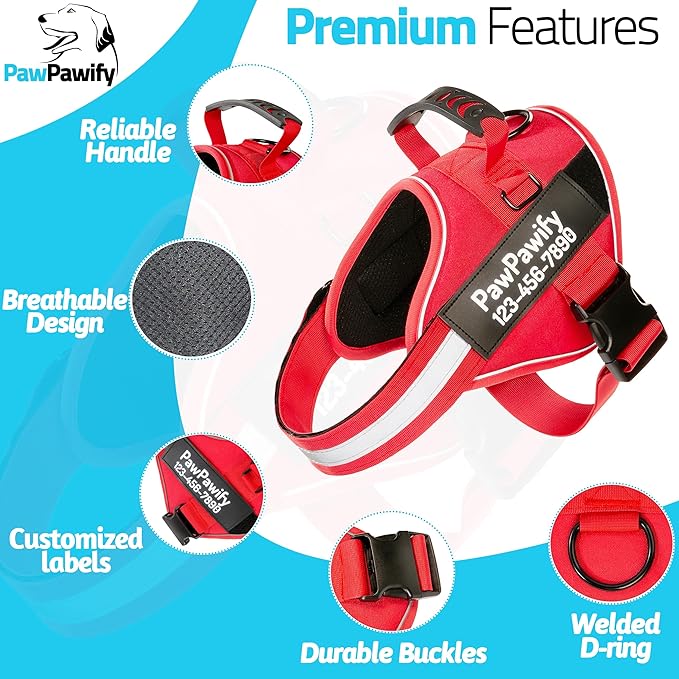 PawPawify Custom No Pull Dog Harness with Name and Phone Number, Heavy Duty Personalized Pet Vest to Prevent Tugging, Pulling, or Choking, Training and Walking (New Red, M (20-40 LBS))