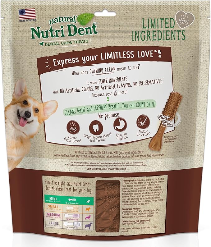 Nylabone Nutri Dent Dog Dental Chews - Natural Dog Teeth Cleaning & Breath Freshener - Dental Treats for Dogs - Filet Mignon Flavor, Mini (160 Count)