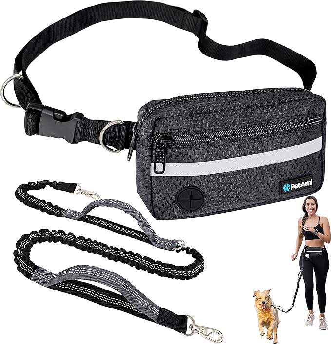 PetAmi Hands Free Dog Leash, Dog Running Leash Belt for Walking Jogging, Dog Waist Zipper Pouch Fanny Pack with Poop Bag Dispenser, Dual Padded Handle Bungee Leash for Small Medium Large Dogs, Single