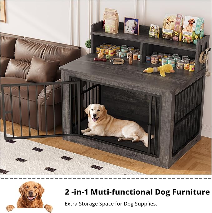 IRONCK Extra Large Dog Crate Furniture, 43.3 inches Wooden Dog Crate with Storage and 4 Hooks, Heavy Duty Pet Crate for Large Dog, Decorative Pet Cage for Indoor (30" L x 43.3" W x 41.1" H)