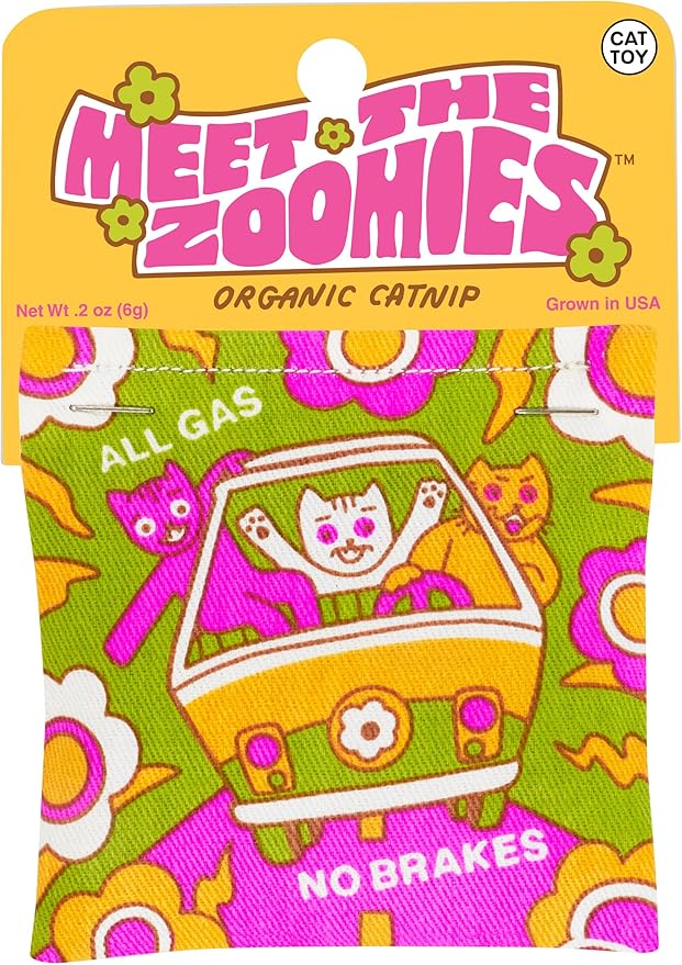 Blue Q Meet The Zoomies Catnip Cat Toy. Premium Organic Catnip Grown in The USA, 100% Cotton Pouches, Kitty Graphics Sure to Delight Every Cat-Keeper.