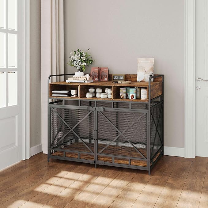 Dog Crate Furniture, 48" Heavy Duty Wooden Dog Crate End Table, XL Dog Kennel Furniture Large Breed, Decorative Dog Kennel Indoor with 3 Drawers & Steel Tubes 48" L x28 W x38 H (Rustic Brown)