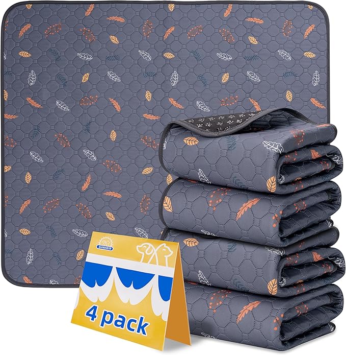 Sunheir Washable Pee Pads for Dogs 4-Pack Reusable Puppy Pads Pet Training Pads, Waterproof Dog Pee Pads for Crate, Whelping Pad, Non-Slip Protects Against Urine Leakage (Leaves - Deep Grey, 18x24)