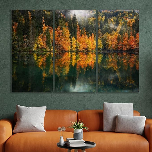 Nature Wall Art Prints - Ocean Forest Mountain Lake Canvas Landscapes - Small to Extra Large Living Room Bedroom Kitchen Bathroom Décor (Autumn by the Lake, 35L" x 53W" - 3 Panels)
