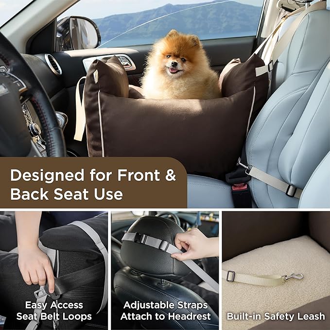 Lesure Small Dog Car Seat for Small Dogs - Soft Dog Booster Seat for Car with Storage Pocket and Clip-On Safety Leash and Thickened Memory Foam Filling, Pet Travel Carrier Bed Brown