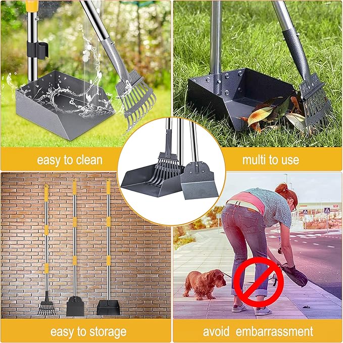 Niubya Pooper Scooper for Dogs, Metal Poop Scooper Tray Spade and Rake Set, Poop Scoop with Adjustable Long Handle, Dog Pooper Scooper for Pet Waste Removal