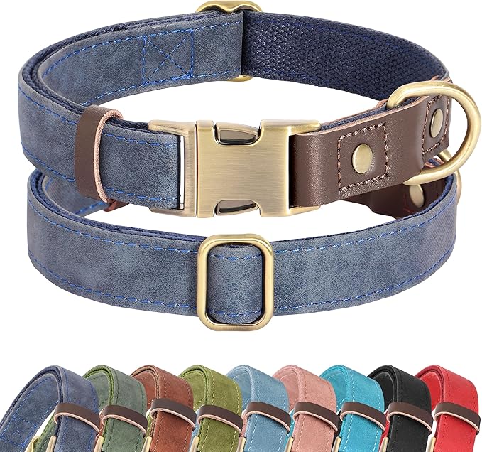 Didog Soft PU Leather Dog Collar for Large Dogs,Classic Adjustable Dog Collars with Quick Release Metal Buckle,Easy Clean and Comfortable with Nylon Lining,Blue,L Neck 15-23"
