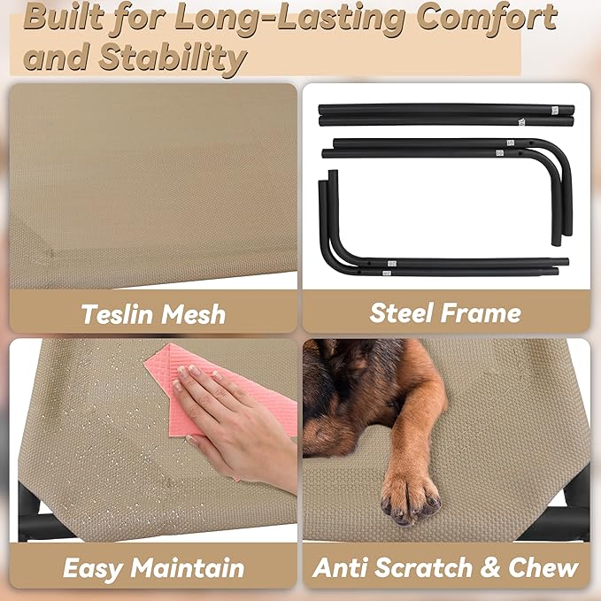 PHYEX Elevated Dog Bed for Large Dogs, Raised Dog Bed with Breathable Mesh, Non Slip, Easy to Clean, 50.5 Inches, Brown