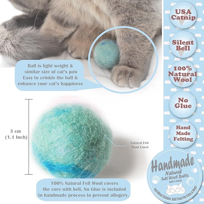 Felt Wool Cat Toys Ball with Catnip and Bell, Natural Handmade (Baby Blue (5 Units))