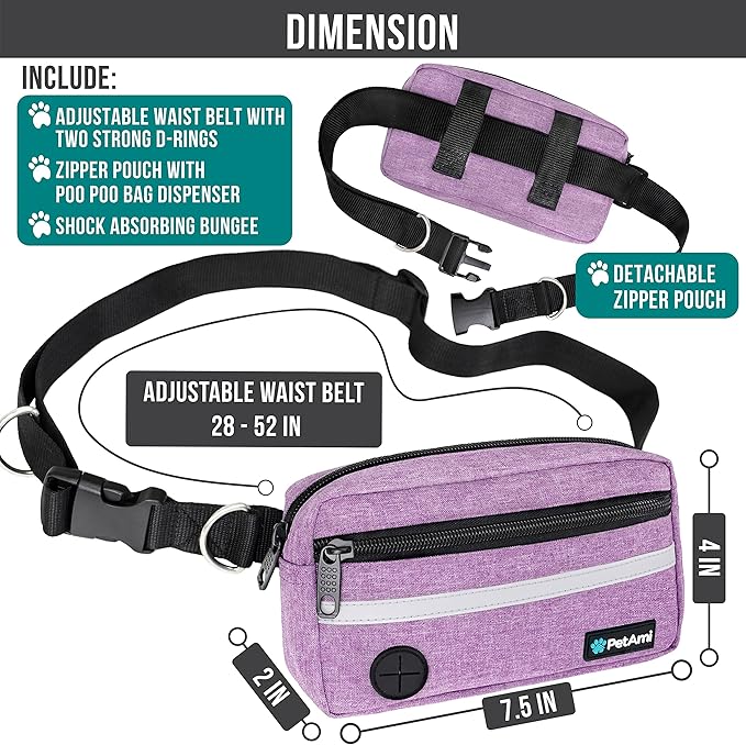 PetAmi Hands Free Dog Leash, Dog Running Leash Belt for Walking Jogging, Dog Waist Zipper Pouch Fanny Pack with Poop Bag Dispenser, Dual Padded Handle Bungee Leash for Small Medium Large Dogs, Single