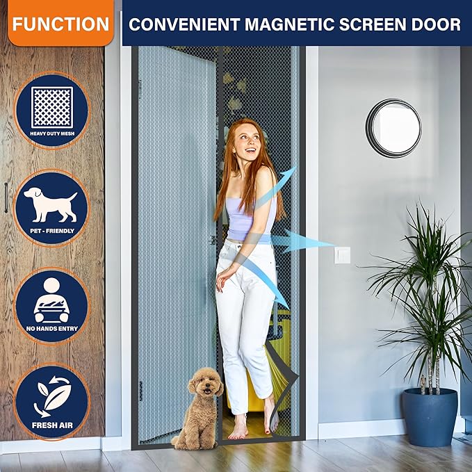 Magnetic Screen Door，Screen Door Mesh，Keep Bugs Out, Heavy-Duty Mesh Curtain,Pet and Kid Friendly, Works with Front Doors, Sliding Doors（36 x 80 Inches Gray
