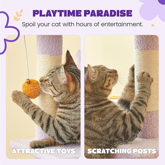 MWPO Flower Cat Tree for Indoor Cats, 63.8 Inches Multi-Level Cat Tower with Sisal-Covered Scratching Posts, Padded Platform, Hammock, Dangling Toys, Stable Cat Condo Pet Play House