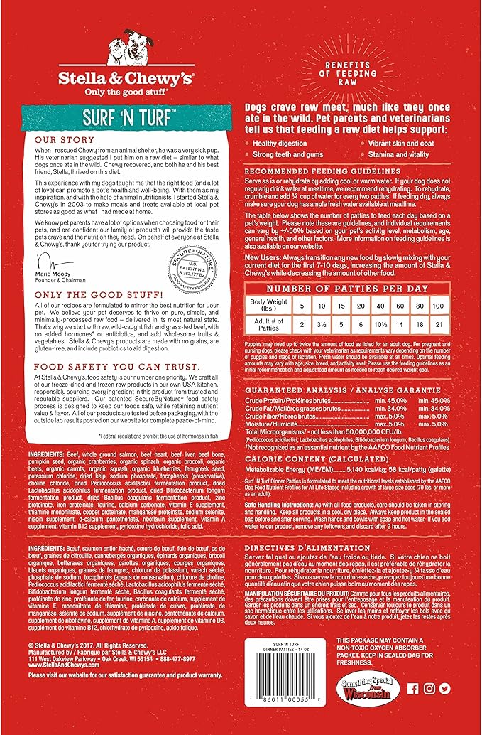 Stella & Chewy's Freeze-Dried Raw Dinner Patties - Surf 'N Turf Salmon & Beef Recipe - High Protein Grain-Free Puppy & Dog Food - Perfect For Picky Eaters - 5.5 oz