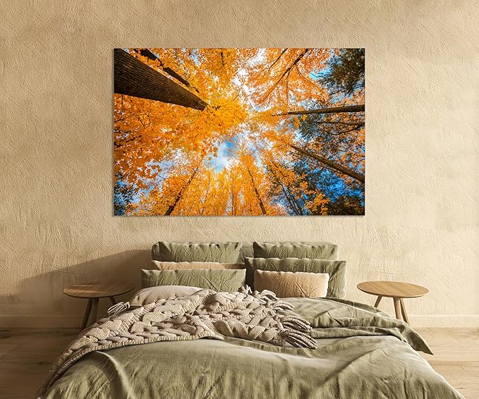 Nature Wall Art Prints - Ocean Forest Mountain Lake Canvas Landscapes - Small to Extra Large Living Room Bedroom Kitchen Bathroom Décor (Blue Sky Through Yellow Autumn Trees, 35L" x 53W")
